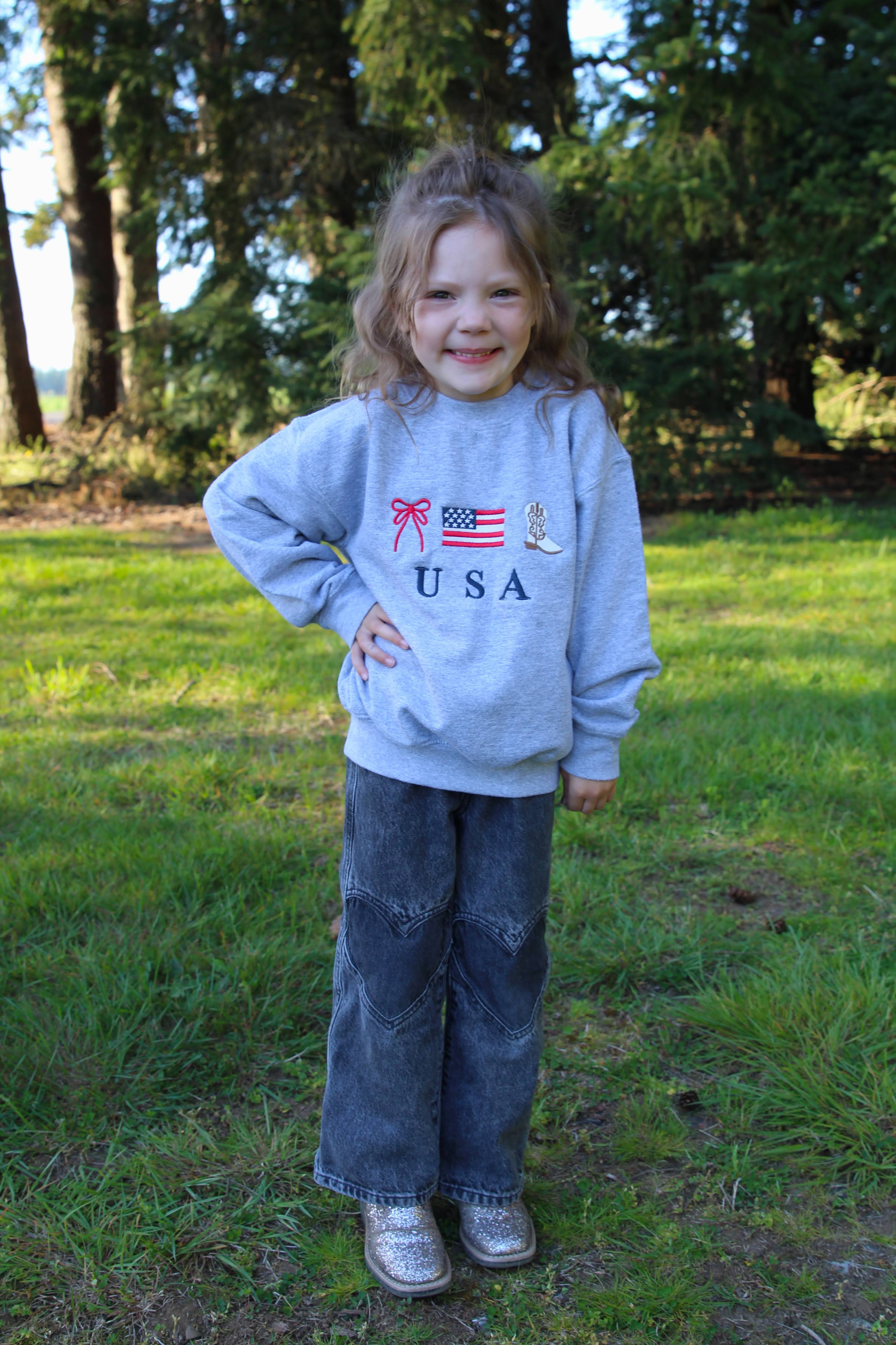USA BOW, FLAG, BOOTS - Embroidered GIRLS Crewneck