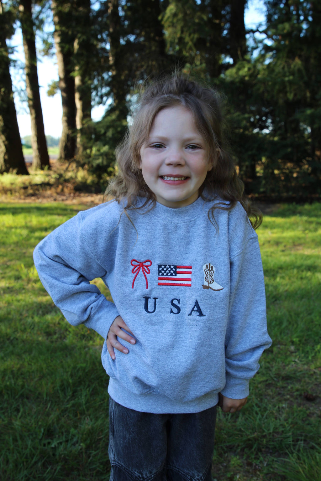 USA BOW, FLAG, BOOTS - Embroidered GIRLS Crewneck