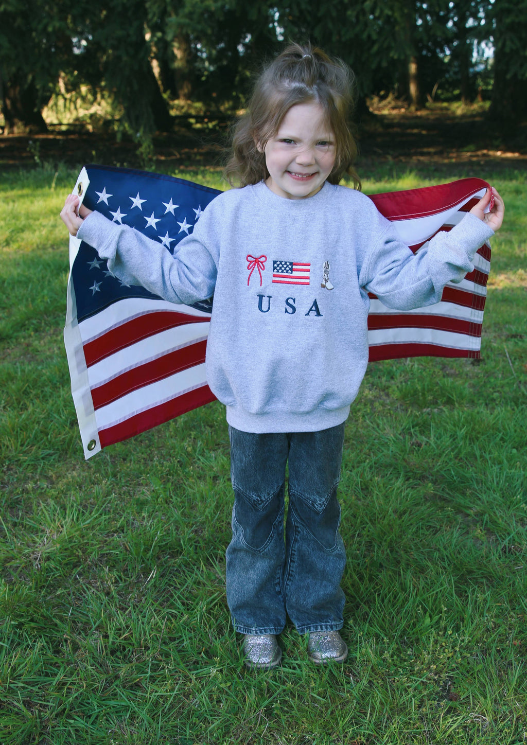USA BOW, FLAG, BOOTS - Embroidered GIRLS Crewneck